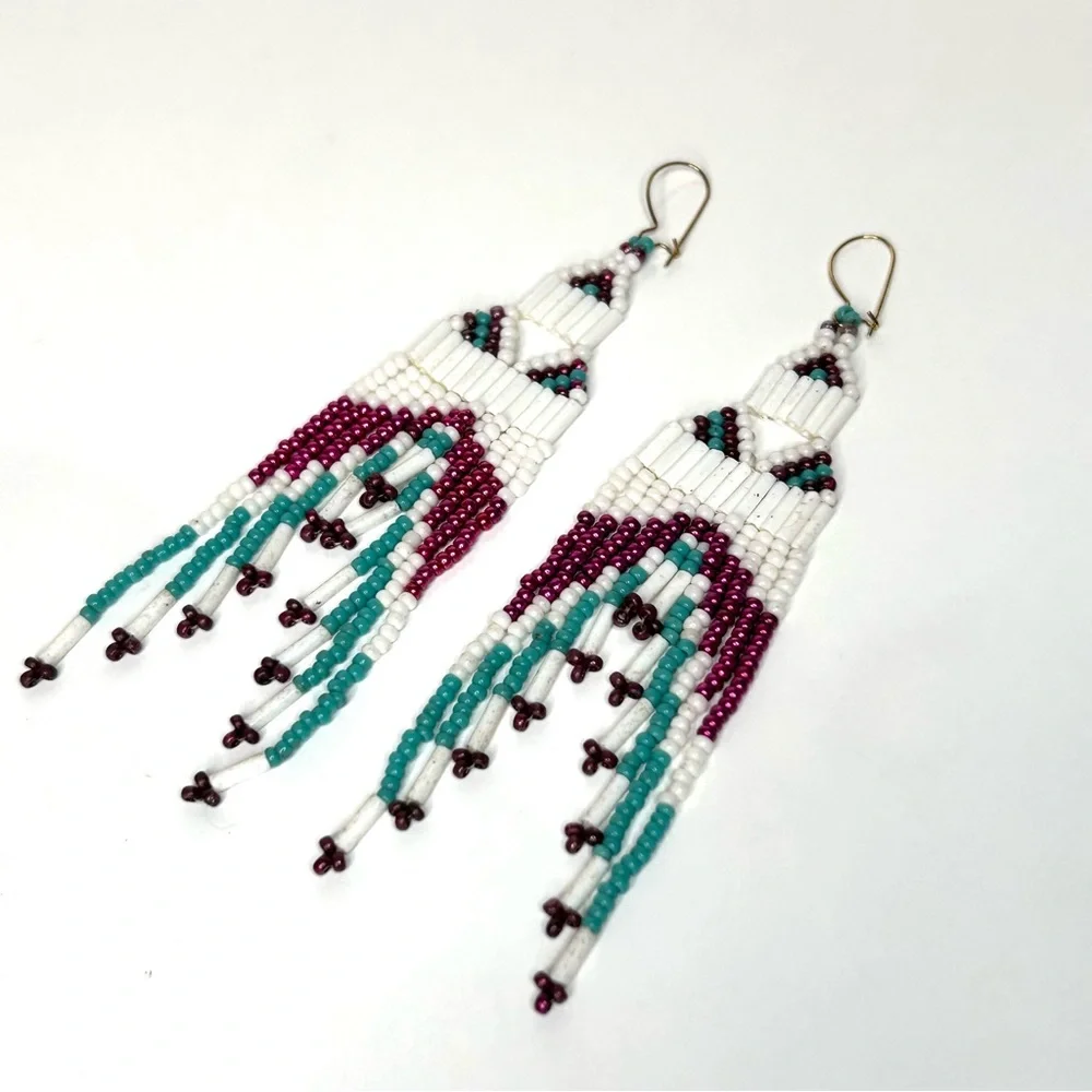 Hand Made 4” Fringe Dangle Beaded Earrings - Picture 7 of 7